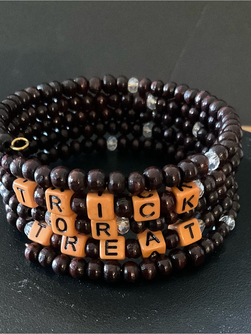 Hand Crafted Trick or Treat Halloween Wrap Bracelet Brown Orange Gold Crystal